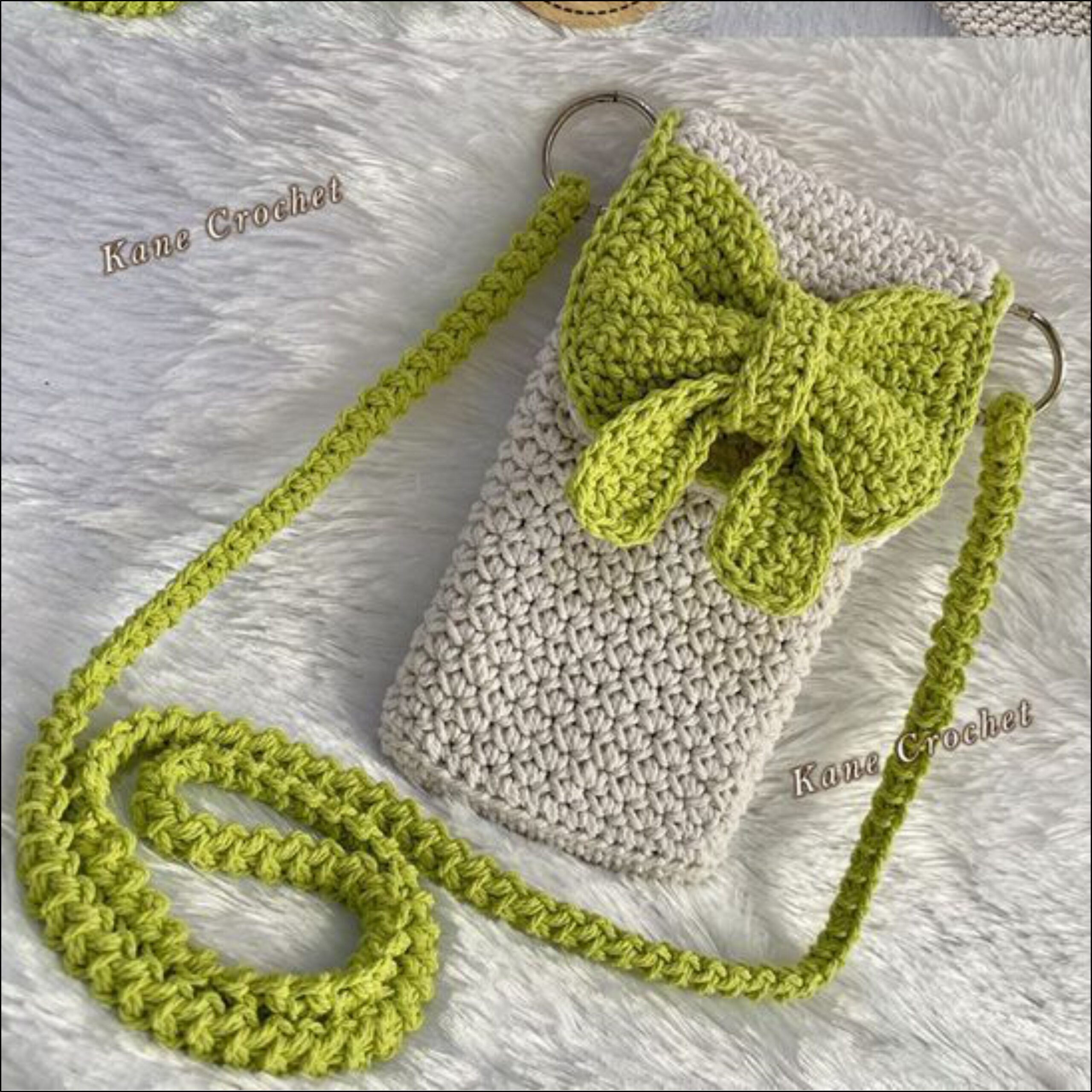 Handmade Crochet Bow Mobile Sling Pouch – Olive Green & Beige